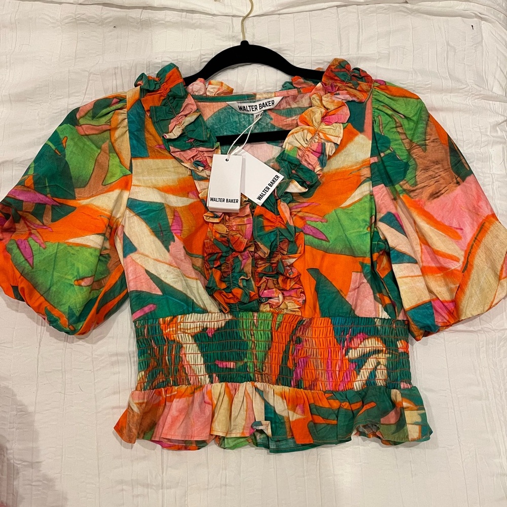 Walter Baker Orange and Green V-neck Puff Sleeve Blouse with Ruffled Peplum